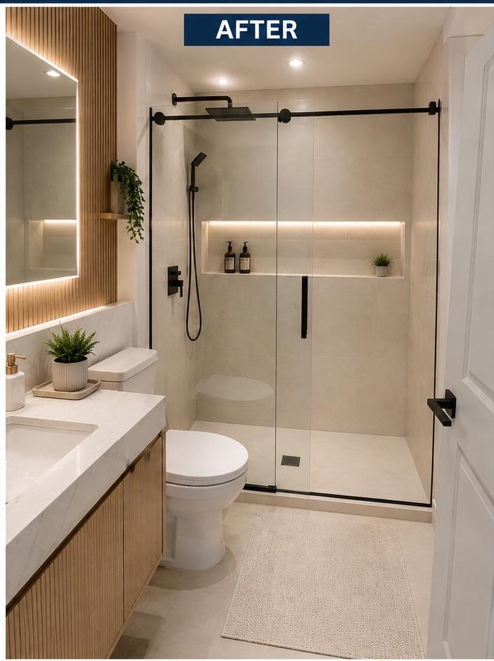 Renovated bathroom with a frameless glass sliding door, modern black shower fixtures and a new vanity