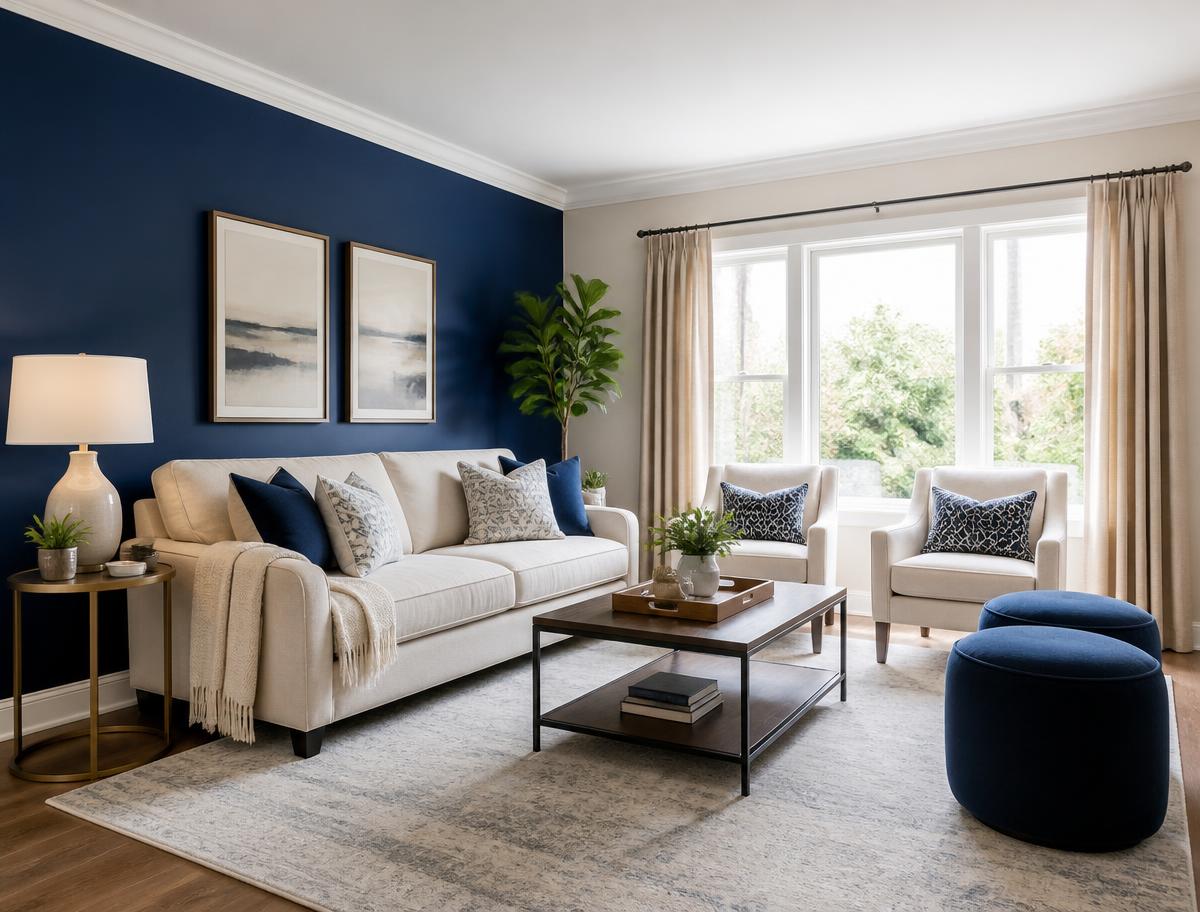 Living room with a deep navy accent wall and white crown molding