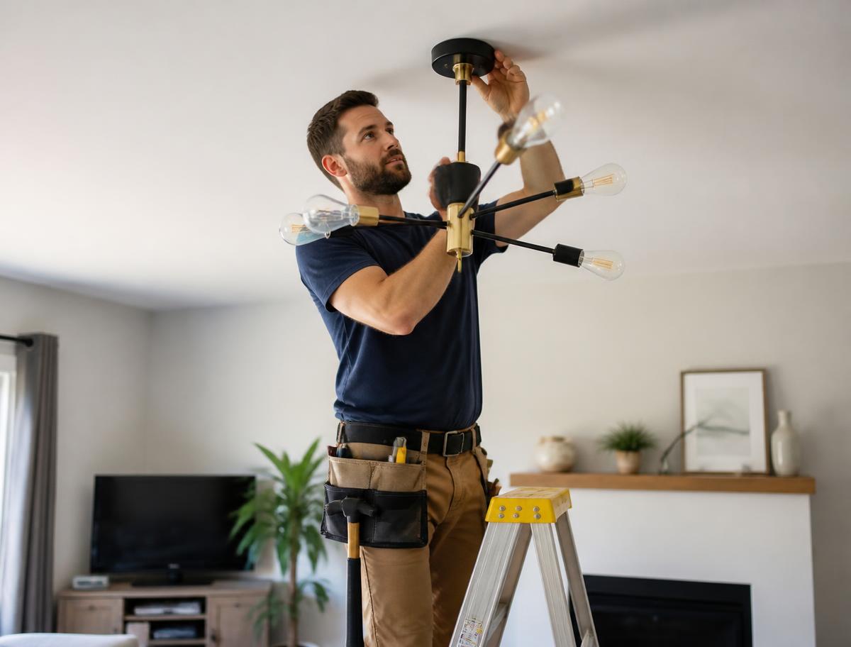 Handyman installing a new ceiling light fixture in a living room