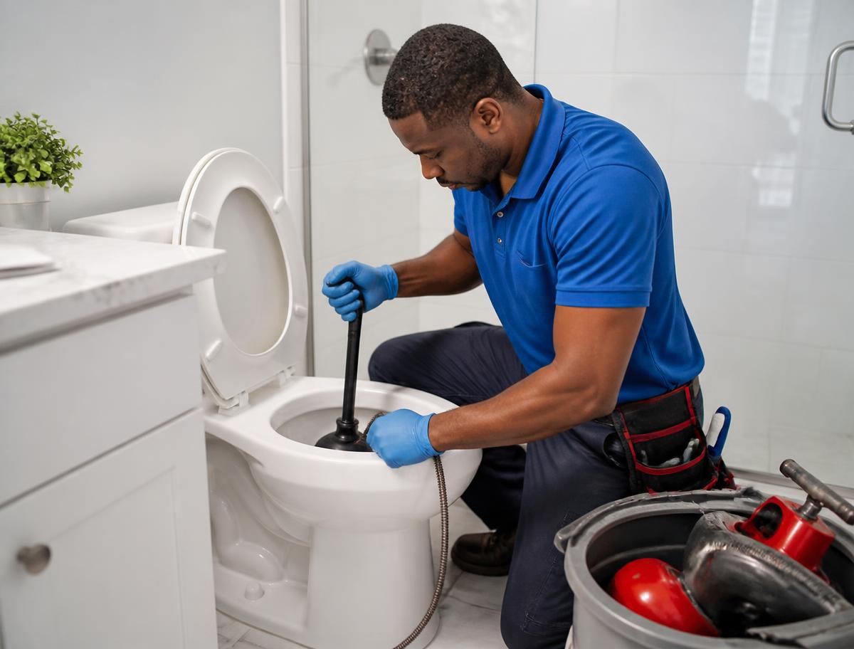 Technician unclogging a toilet with a plunger and drain auger