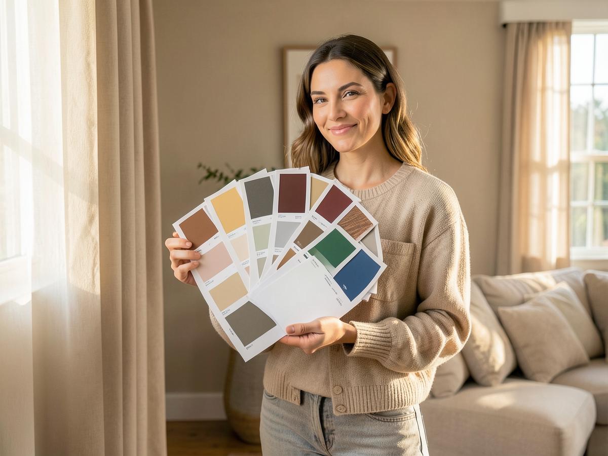 Consultant holding a fan deck of paint color swatches in a sunlit living room