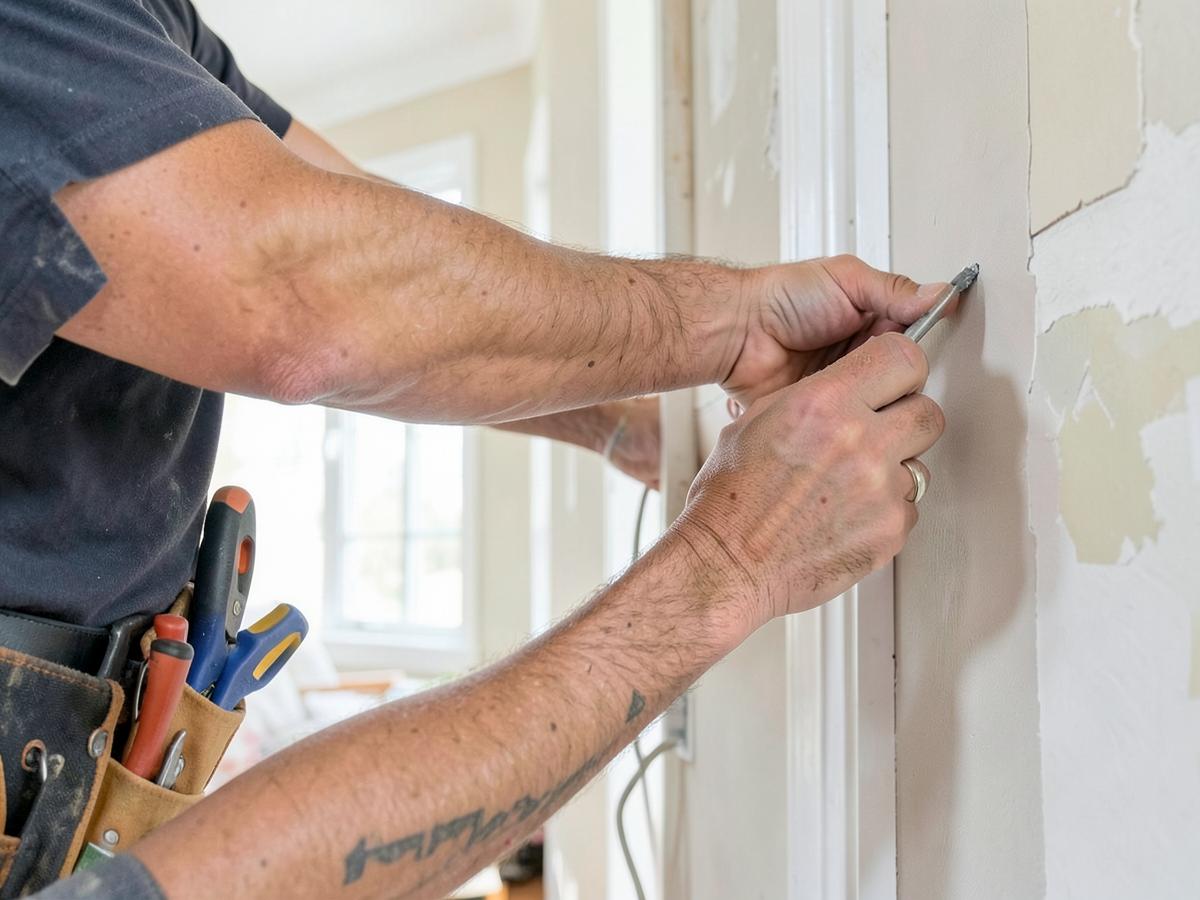 Handyman with tool belt repairing drywall and trim inside a home